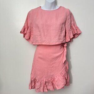 KARLIE Pink Popplin Ruffle Linen‎ Top and Wrap Skirt  Size M